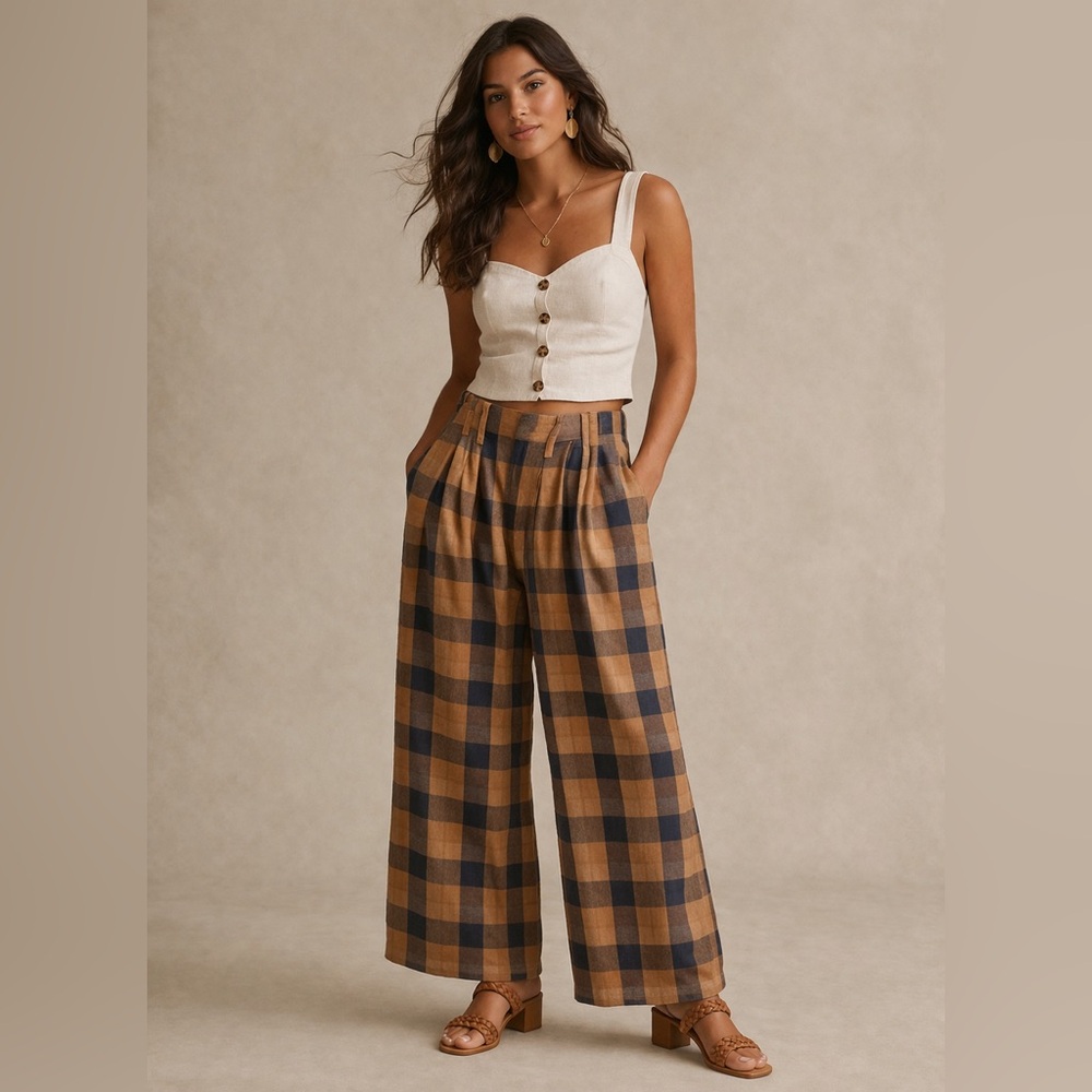 Roolee Wide-Leg Plaid Pants – Effortless & Chic - Picture 2 of 4